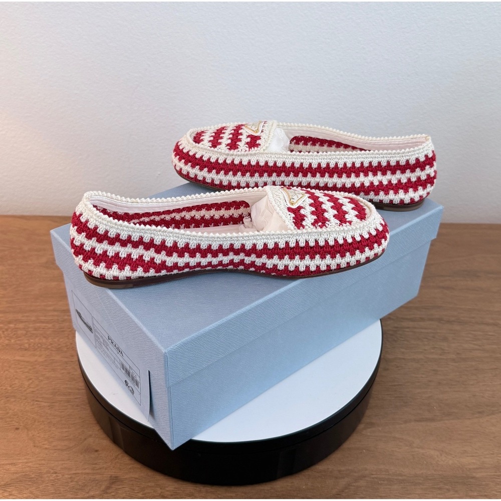 Prada Red White Crochet Loafers Enameled Triangle Logo Flats 1D496N Womens 37 - Picture 10 of 11